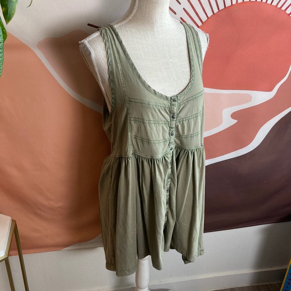 Free People Olive Green Dress Medium Sleeveless Button Hi-Low Babydoll Cottage - Picture 1 of 8